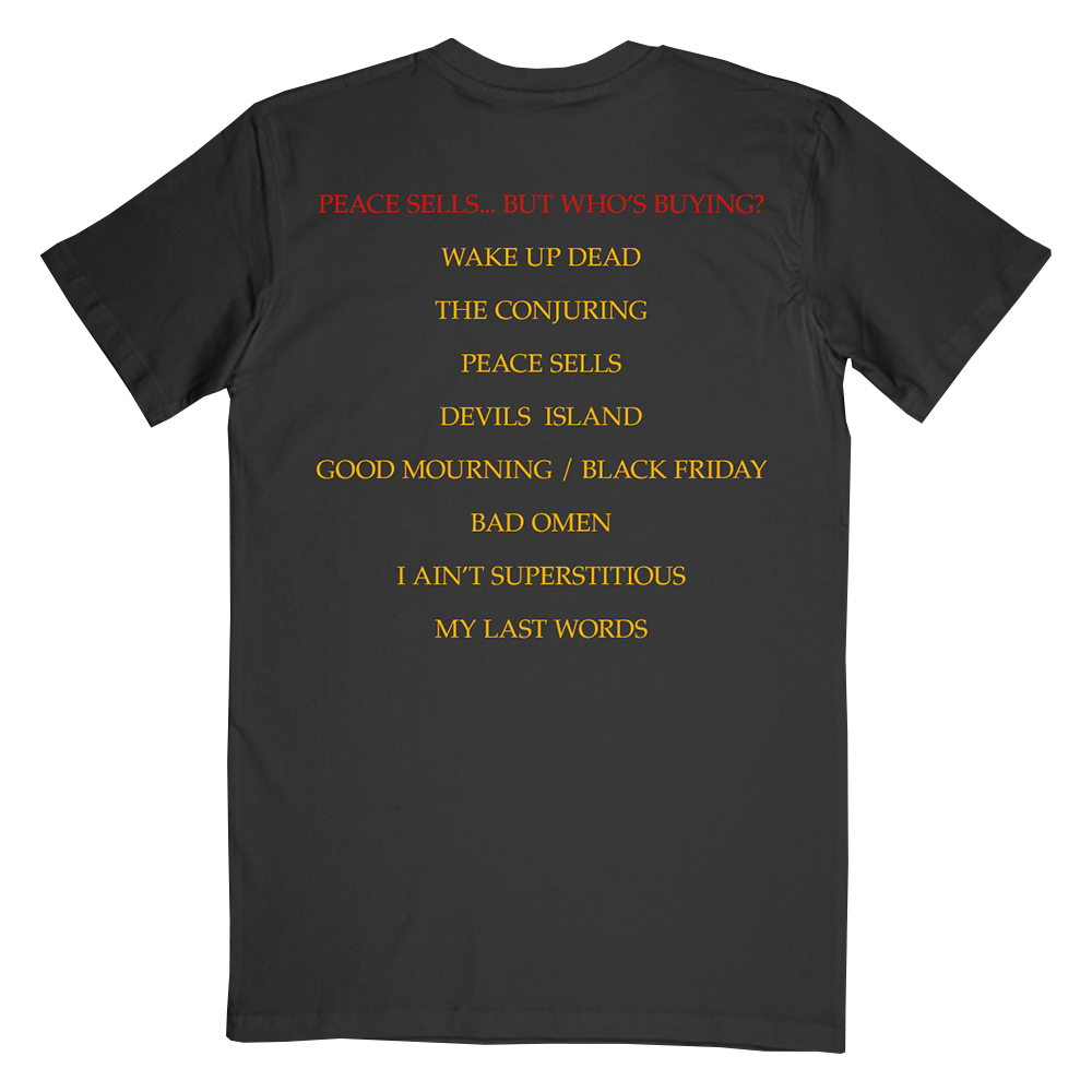 Black t-shirt with text printed on the back in red and yellow lettering.