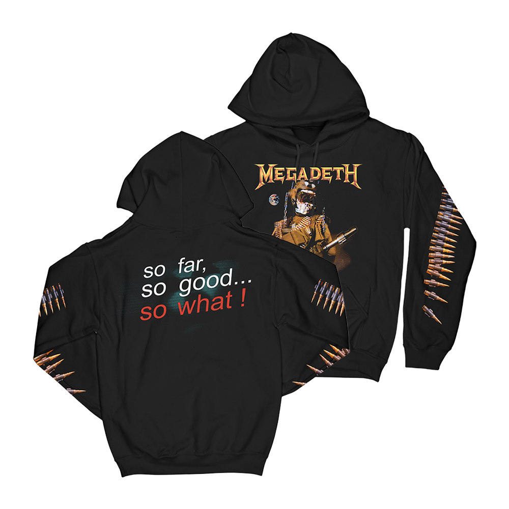 Official Megadeth Merchandise. 100% black cotton unisex pullover hoodie featuring graphics inspired by Megadeth's third studio album So Far, So Good... So What.
