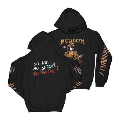 Official Megadeth Merchandise. 100% black cotton unisex pullover hoodie featuring graphics inspired by Megadeth's third studio album So Far, So Good... So What.