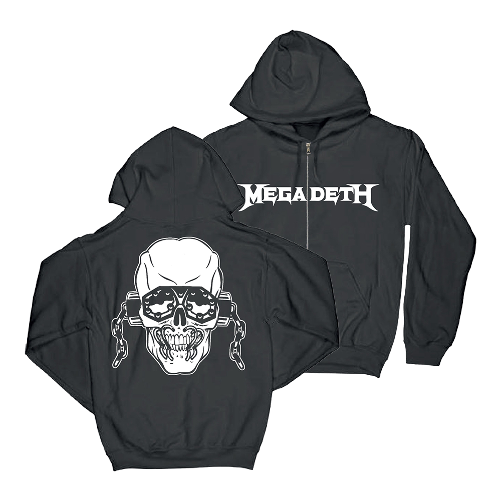 Official Megadeth Merchandise. 100% cotton zip up unisex hoodie featuring the Megadeth logo on the front and an illustration of rattlehead Vic on the back.