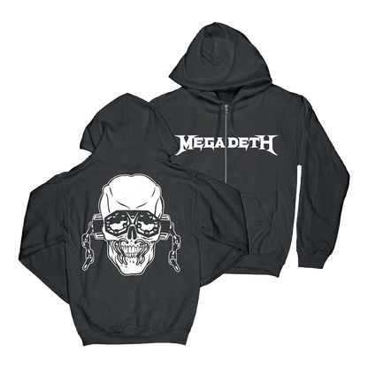 Official Megadeth Merchandise. 100% cotton zip up unisex hoodie featuring the Megadeth logo on the front and an illustration of rattlehead Vic on the back.