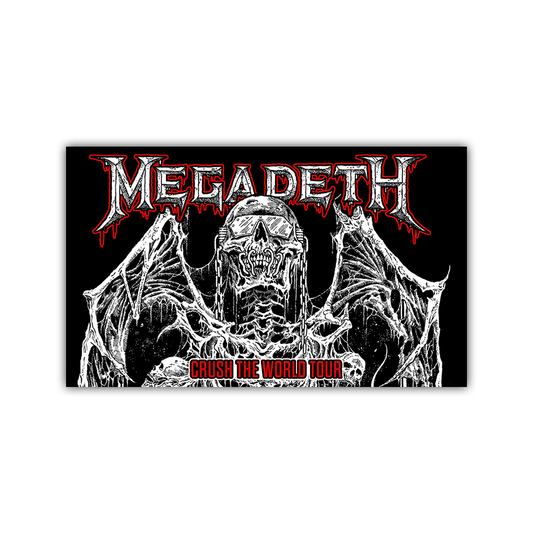 Official Megadeth Merchandise. 5ft x 3ft polyester wall flag featuring the Vic rising art and "Crush the World Tour". Flag has grommets on each corner.