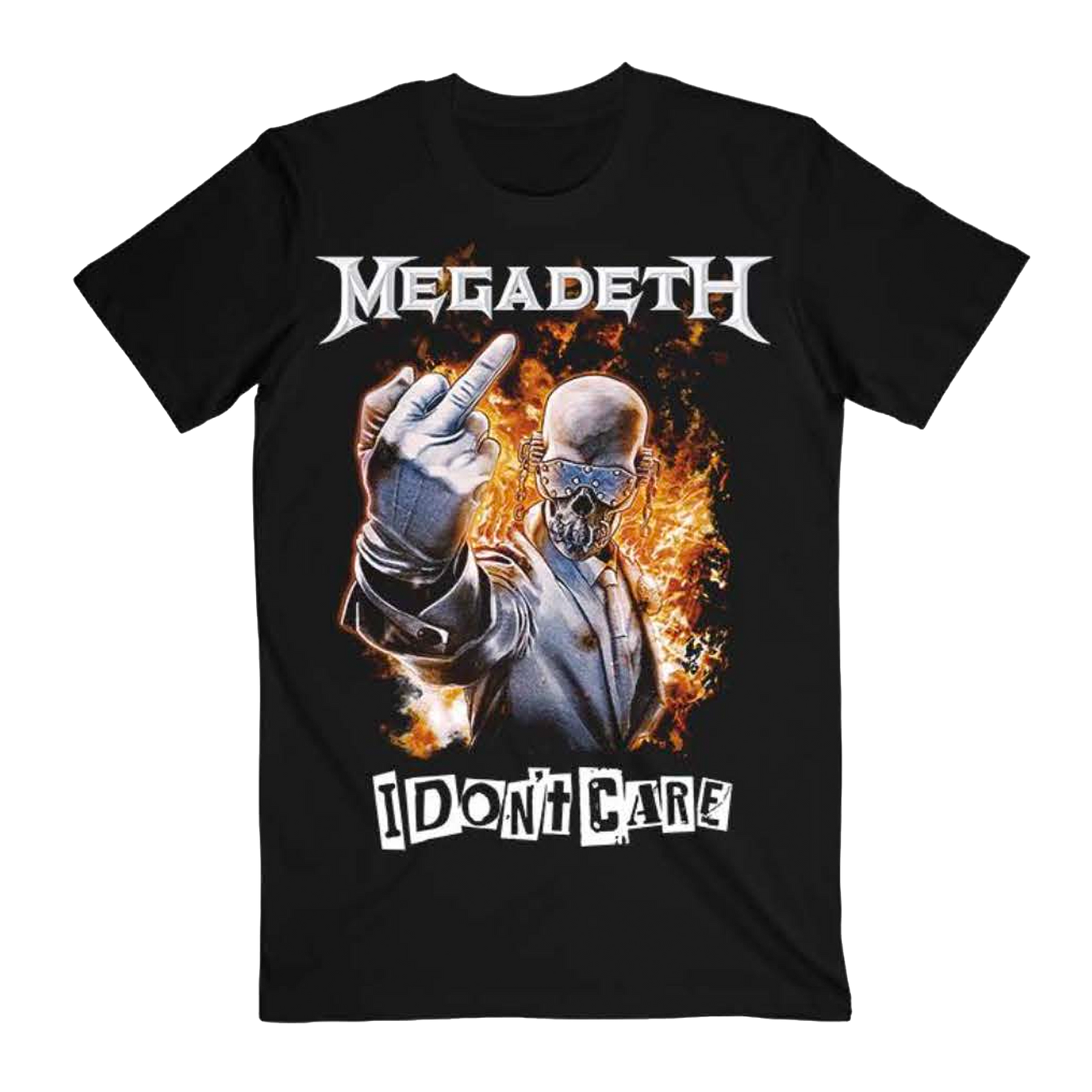 Black t-shirt with Megadeth graphic and 'I Don't Care' text on a white background
