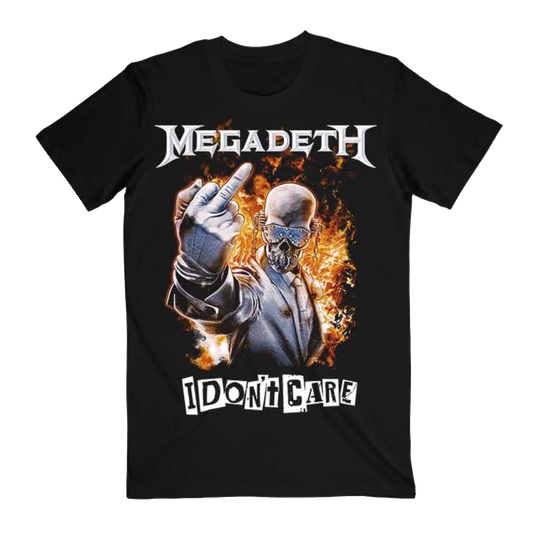 Black t-shirt with Megadeth graphic and 'I Don't Care' text on a white background